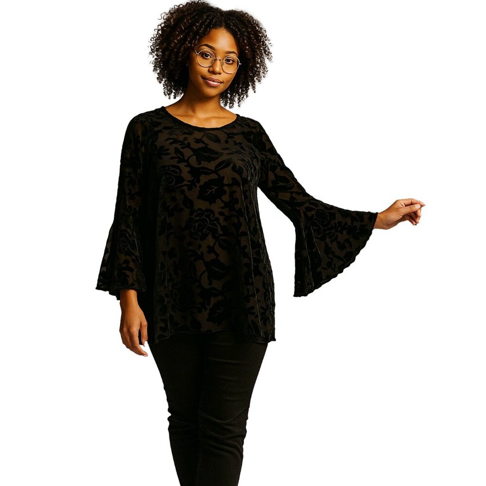 Vintage Chelsea & Theodore Black Velvet Burnout Top Bell Sleeve Blouse Women’s M